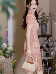2025 Pink Floral Print Cheongsam Qipao Dress