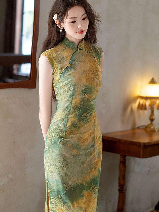 Green Pink Jacquard Floral Velvet Cheongsam Qipao Dress
