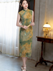 Green Pink Jacquard Floral Velvet Cheongsam Qipao Dress