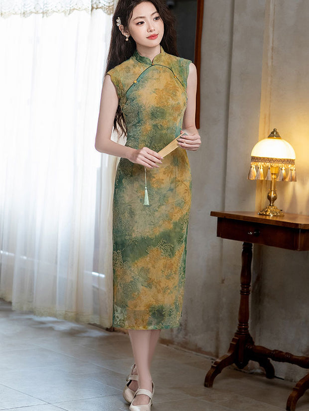 Green Pink Jacquard Floral Velvet Cheongsam Qipao Dress