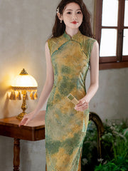 Green Pink Jacquard Floral Velvet Cheongsam Qipao Dress