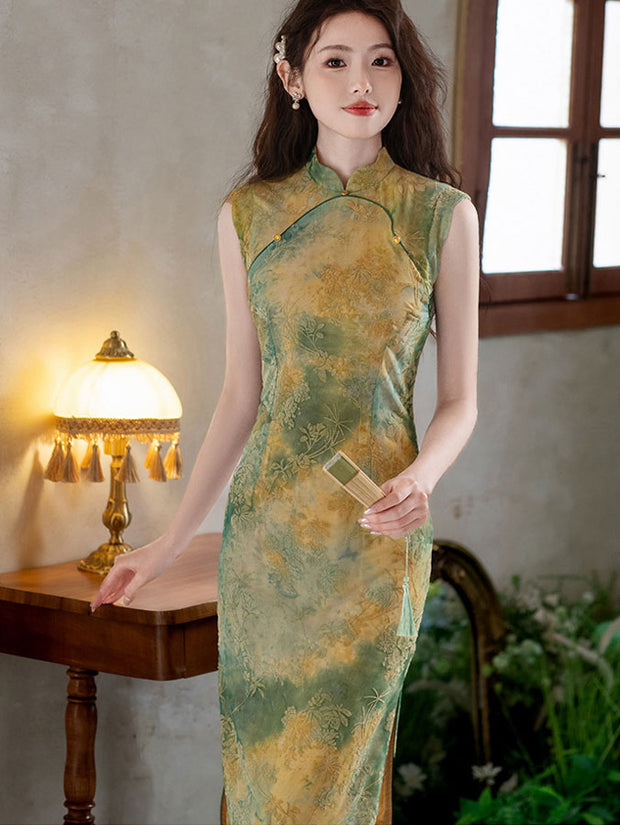 Green Pink Jacquard Floral Velvet Cheongsam Qipao Dress