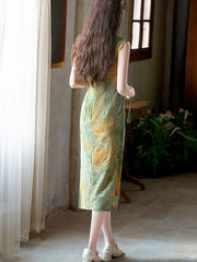 Green Pink Jacquard Floral Velvet Cheongsam Qipao Dress