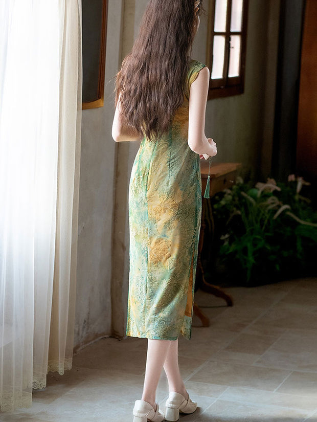 Green Pink Jacquard Floral Velvet Cheongsam Qipao Dress
