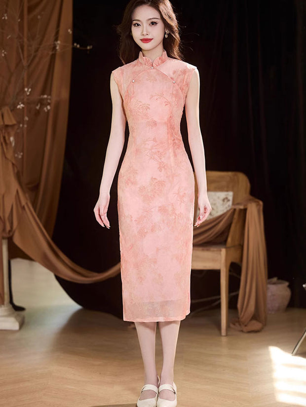 Green Pink Jacquard Floral Velvet Cheongsam Qipao Dress