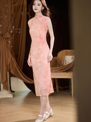 Green Pink Jacquard Floral Velvet Cheongsam Qipao Dress