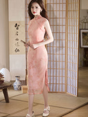 Green Pink Jacquard Floral Velvet Cheongsam Qipao Dress