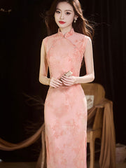 Green Pink Jacquard Floral Velvet Cheongsam Qipao Dress