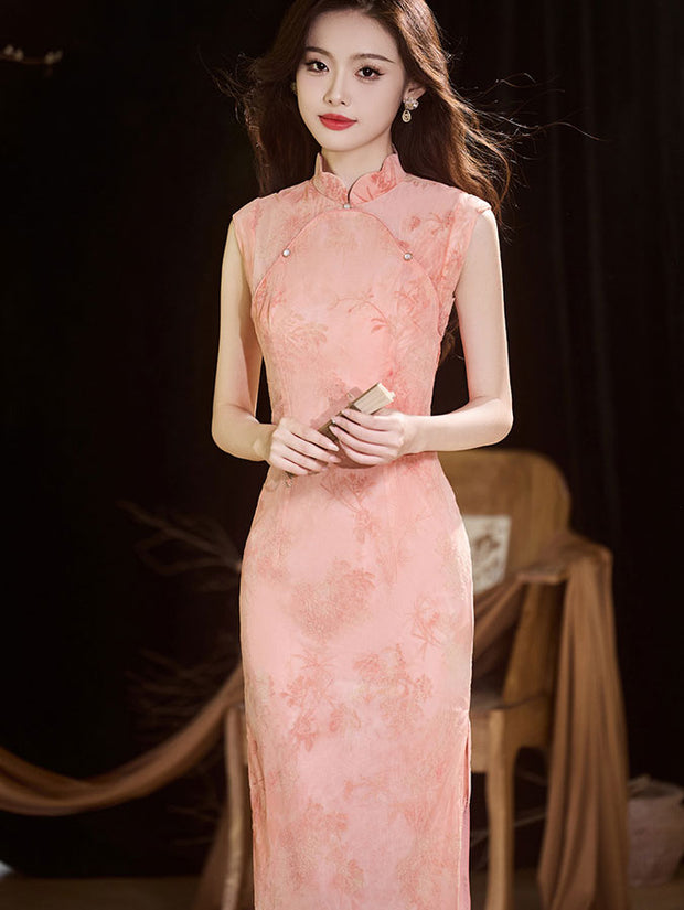 Green Pink Jacquard Floral Velvet Cheongsam Qipao Dress