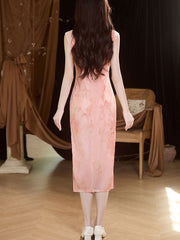 Green Pink Jacquard Floral Velvet Cheongsam Qipao Dress