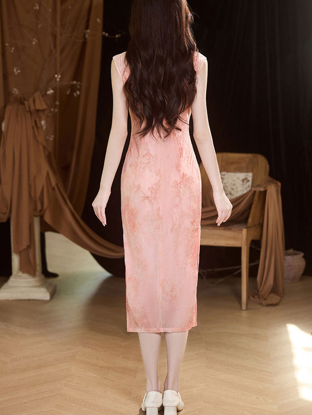 Green Pink Jacquard Floral Velvet Cheongsam Qipao Dress