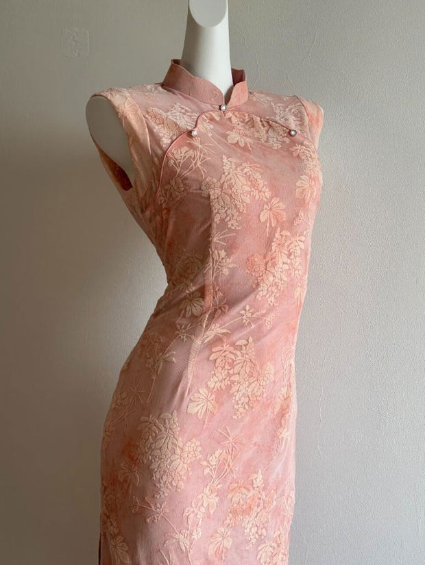Green Pink Jacquard Floral Velvet Cheongsam Qipao Dress