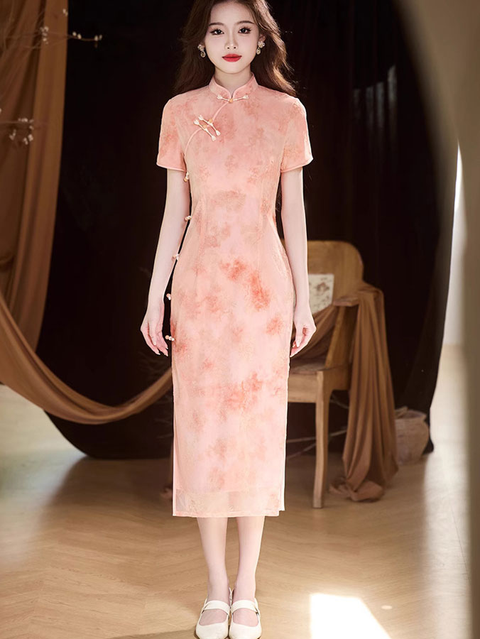 Pink Green Jacquard Velvet Cheongsam Qipao Dress