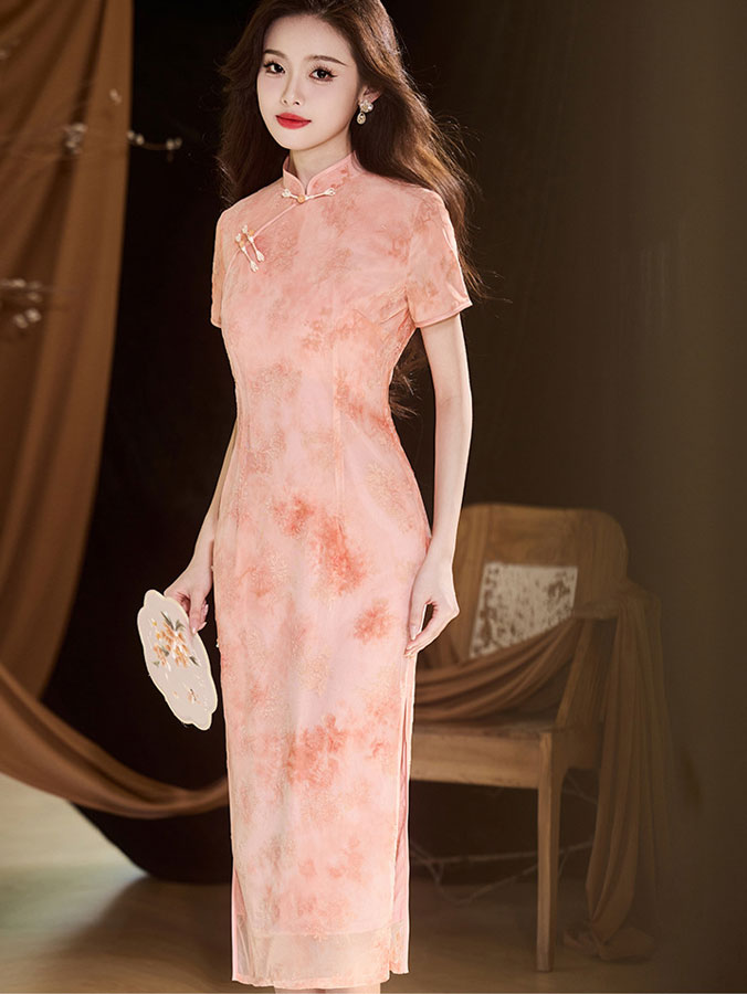 Pink Green Jacquard Velvet Cheongsam Qipao Dress