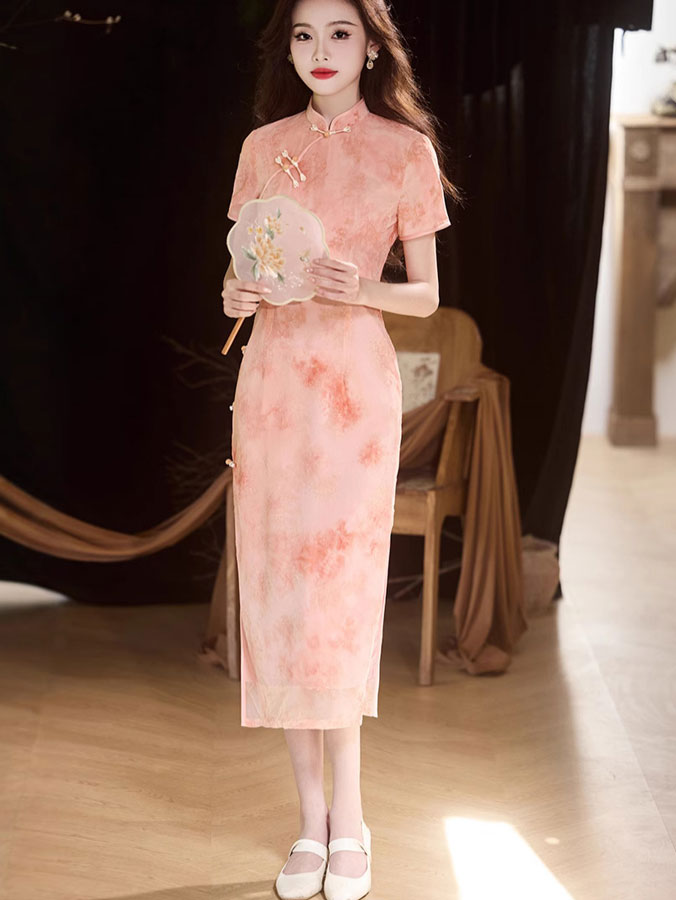 Pink Green Jacquard Velvet Cheongsam Qipao Dress