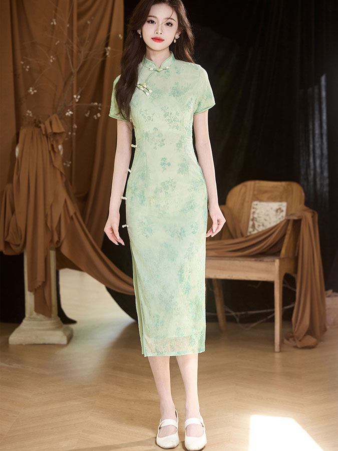 Pink Green Jacquard Velvet Cheongsam Qipao Dress
