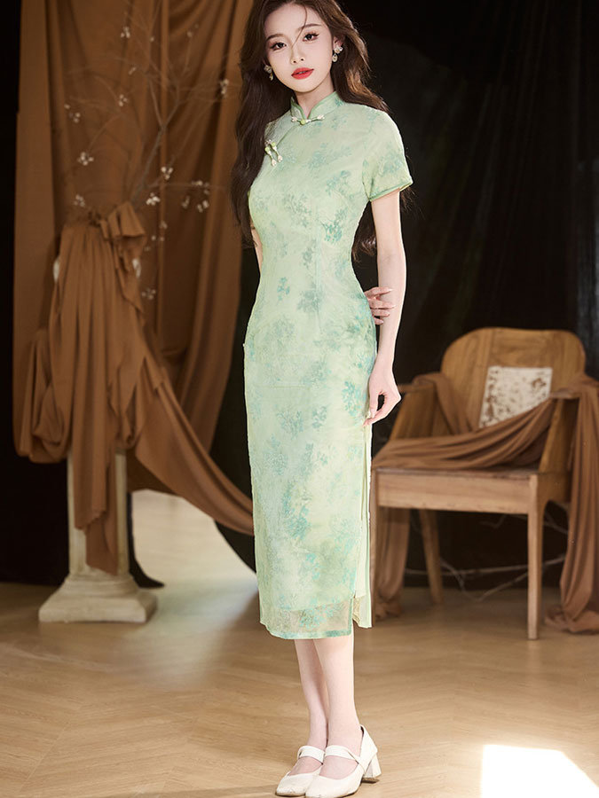 Pink Green Jacquard Velvet Cheongsam Qipao Dress