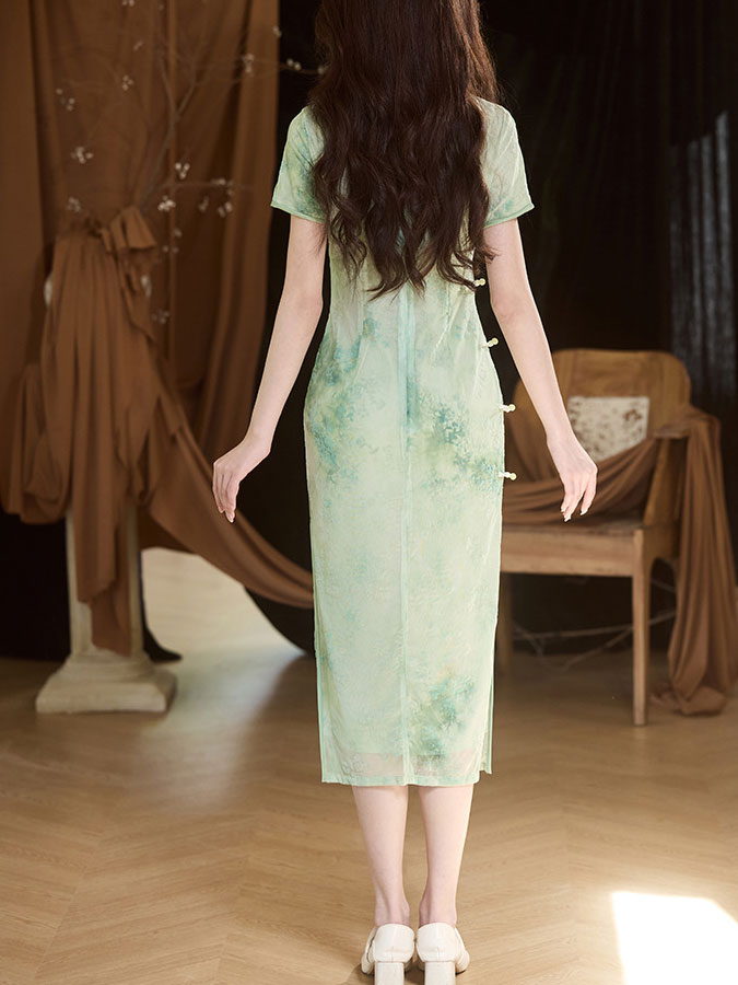 Pink Green Jacquard Velvet Cheongsam Qipao Dress