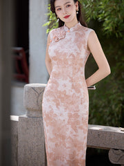 Pink Floral Sleeveless Cheongsam Qipao Dress