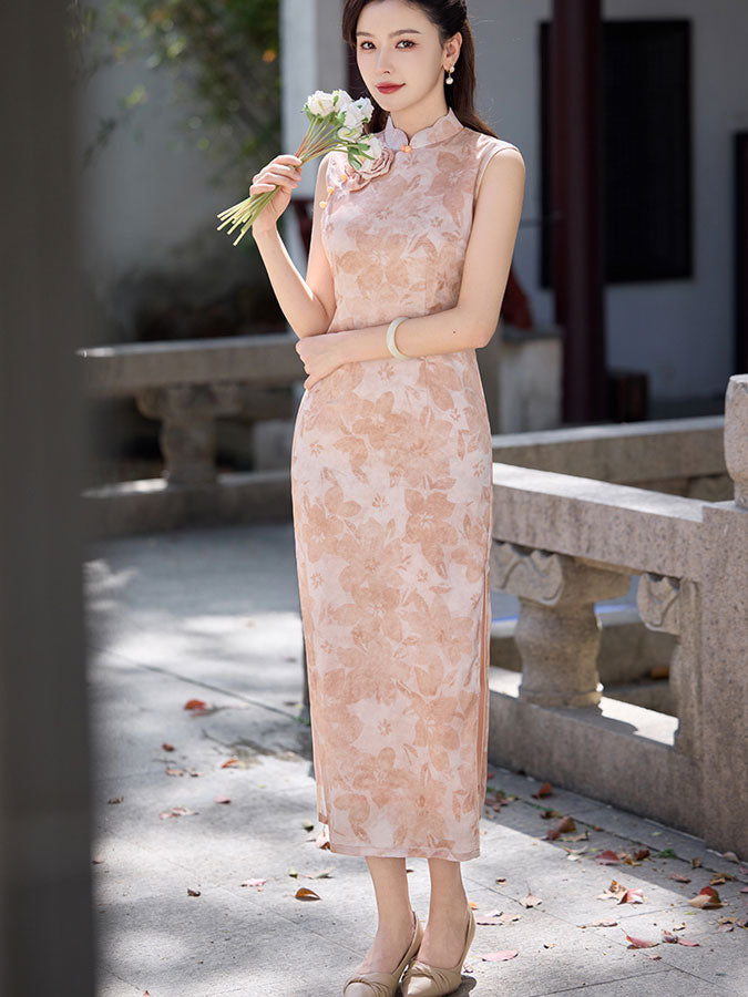 Pink Floral Sleeveless Cheongsam Qipao Dress