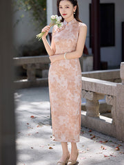 Pink Floral Sleeveless Cheongsam Qipao Dress