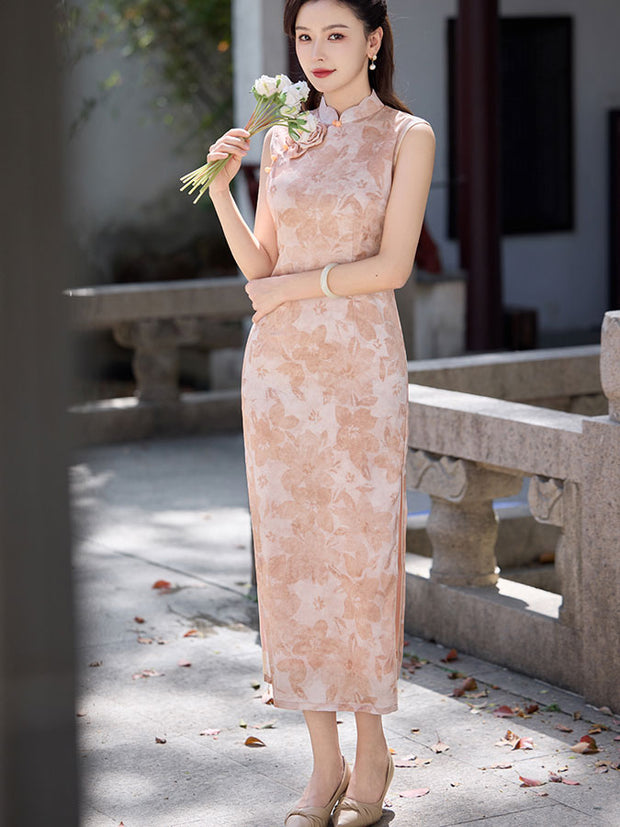 Pink Floral Sleeveless Cheongsam Qipao Dress