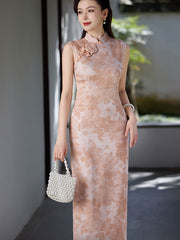 Pink Floral Sleeveless Cheongsam Qipao Dress
