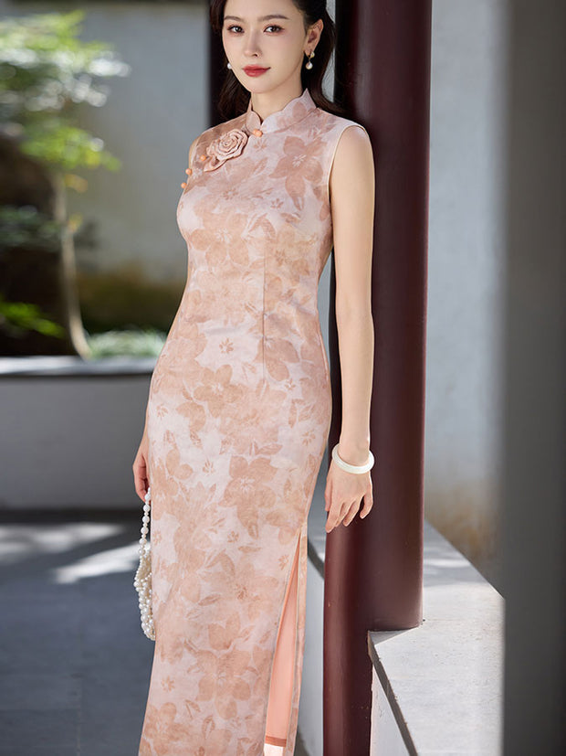 Pink Floral Sleeveless Cheongsam Qipao Dress