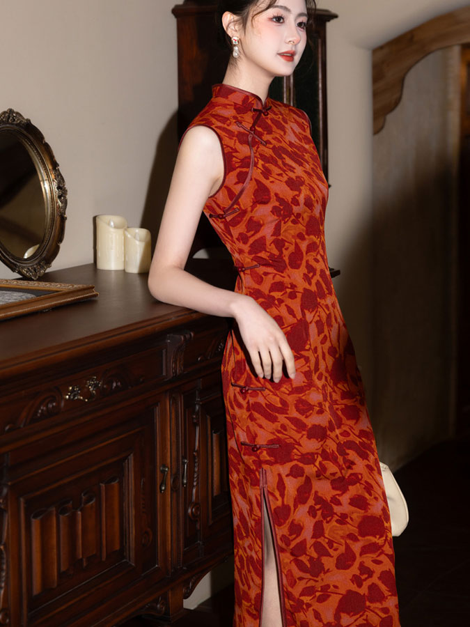 Red Floral Print Cheongsam Qipao Dress