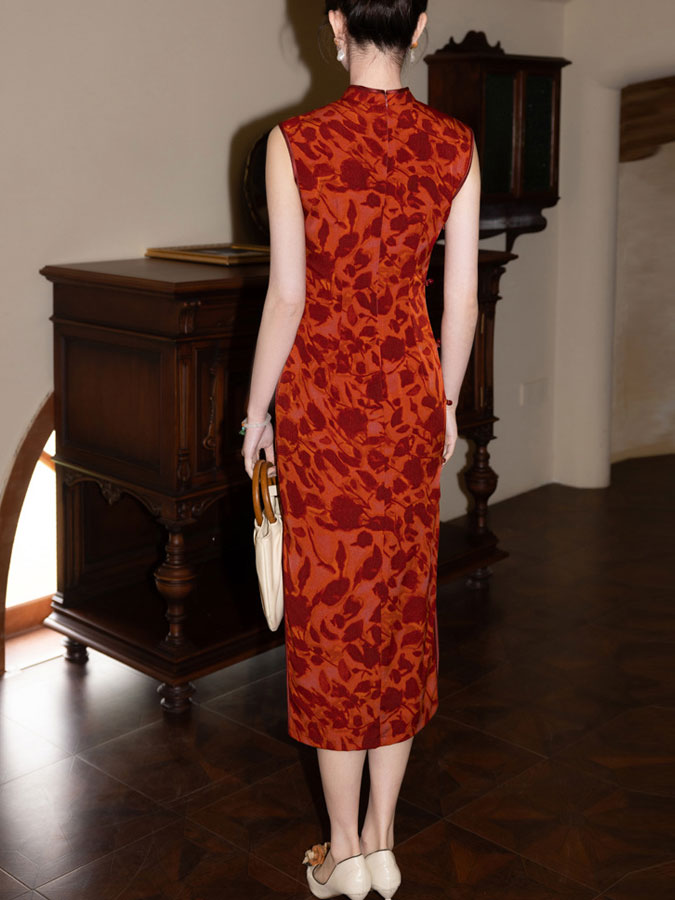 Red Floral Print Cheongsam Qipao Dress