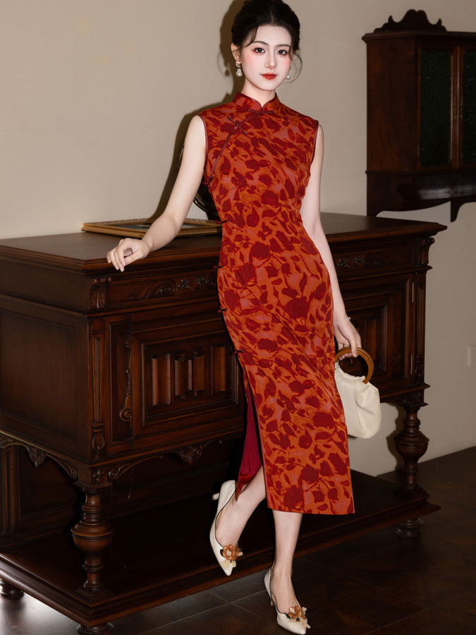 Red Floral Print Cheongsam Qipao Dress