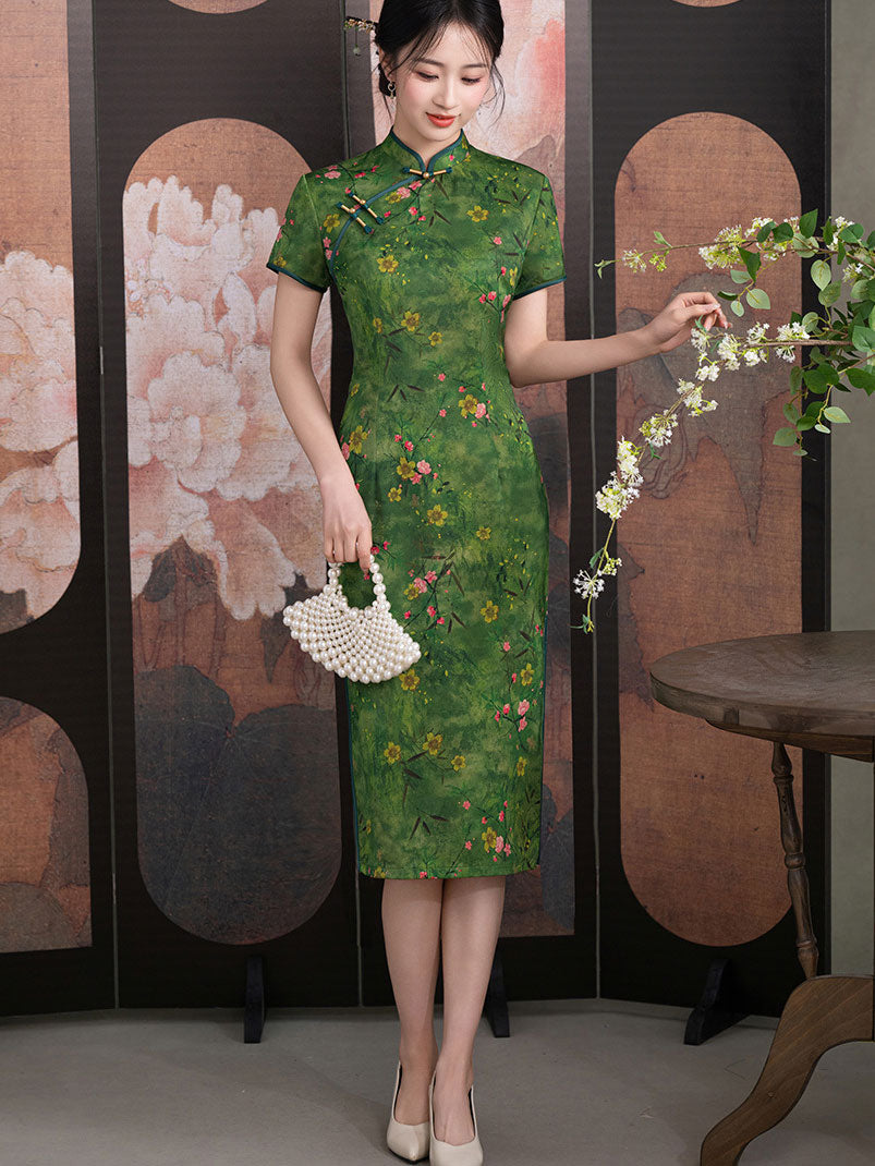 Green Floral Print Midi Cheongsam Qipao Dress