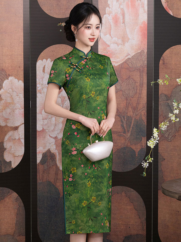 Green Floral Print Midi Cheongsam Qipao Dress