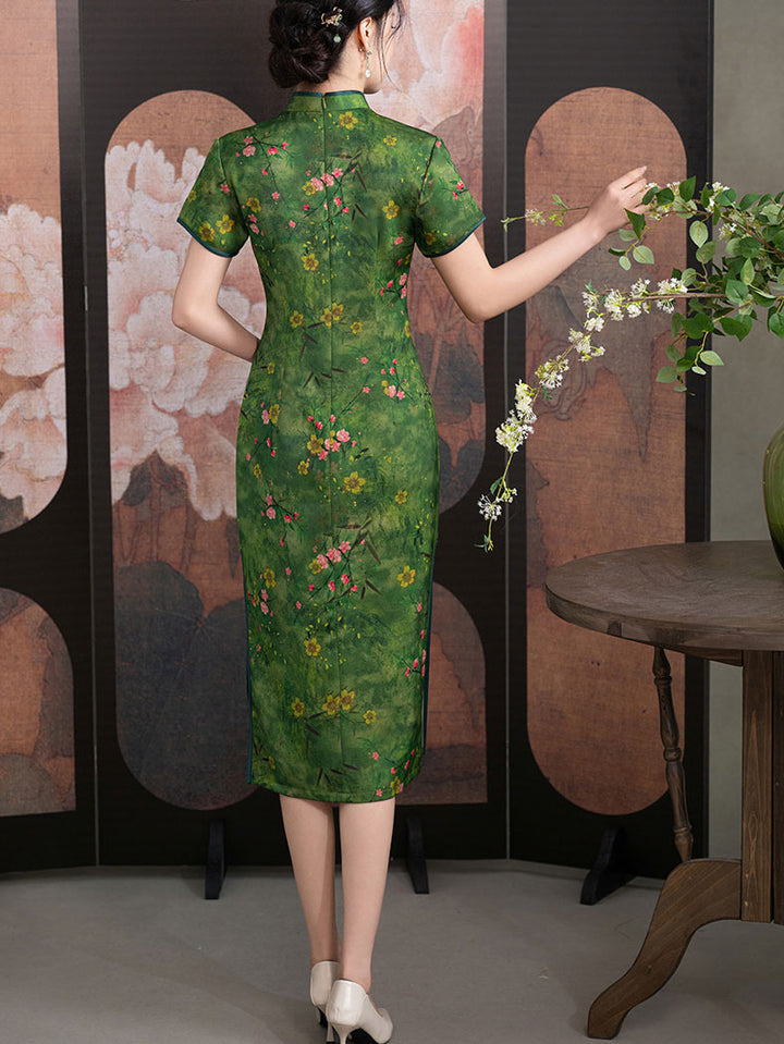 Green Floral Print Midi Cheongsam Qipao Dress