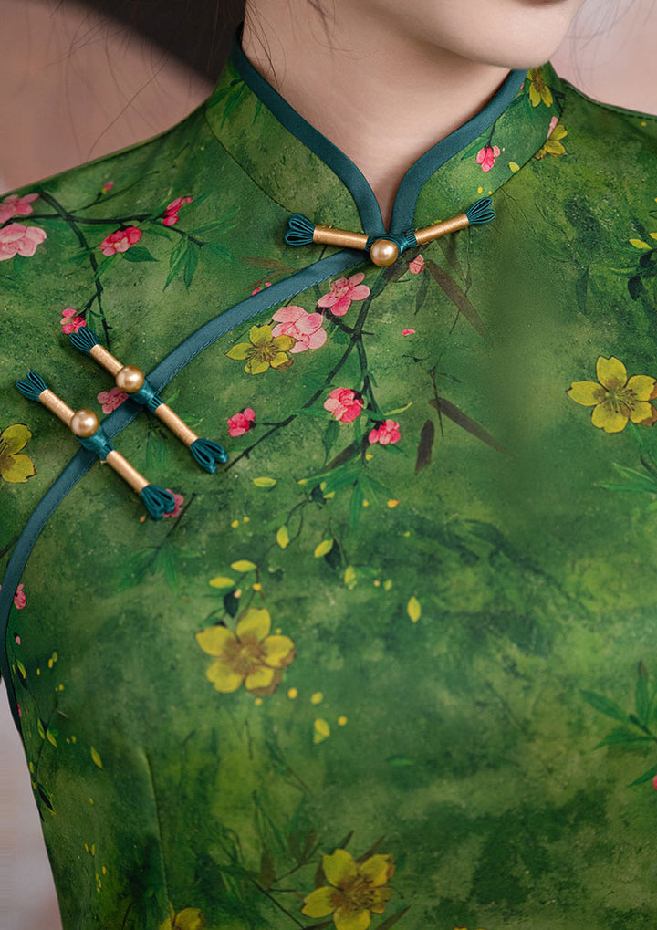 Green Floral Print Midi Cheongsam Qipao Dress