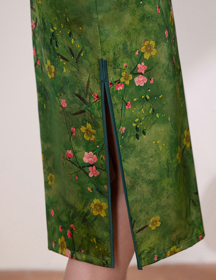 Green Floral Print Midi Cheongsam Qipao Dress