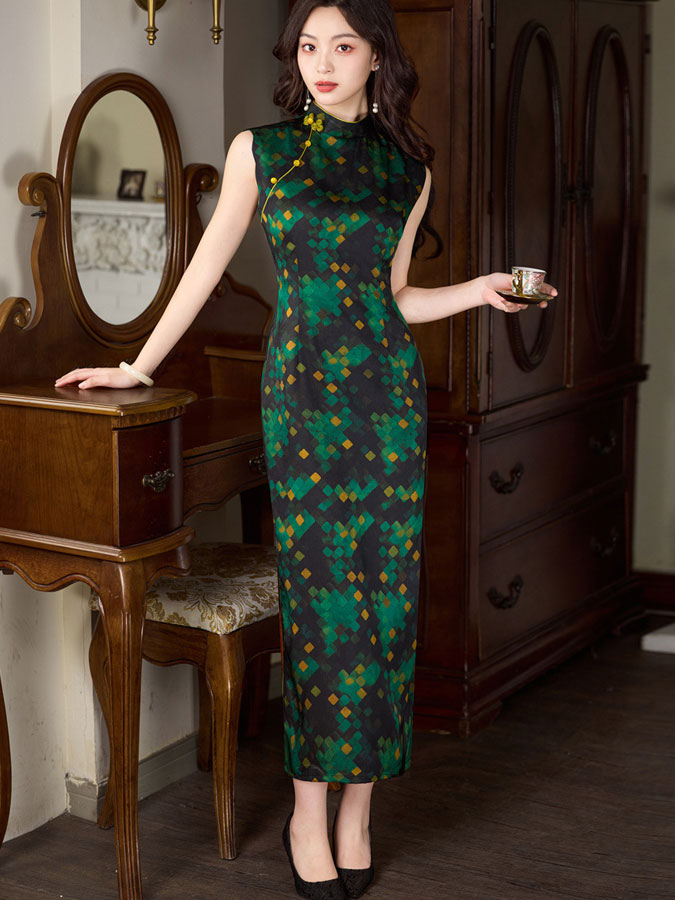 2025 Green Asymmetric Collar Cheongsam Qipao Dress