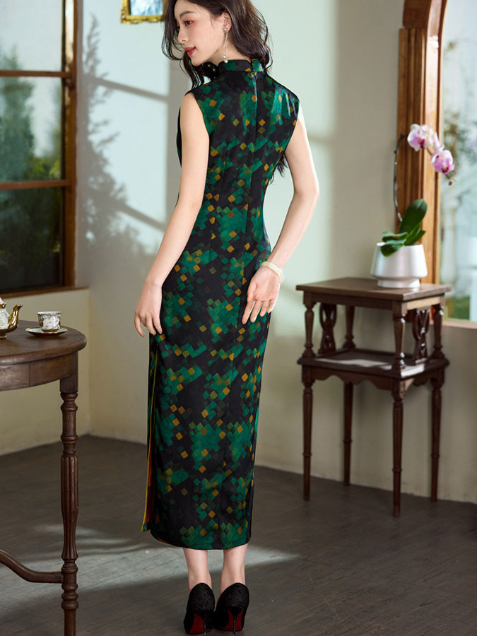 2025 Green Asymmetric Collar Cheongsam Qipao Dress