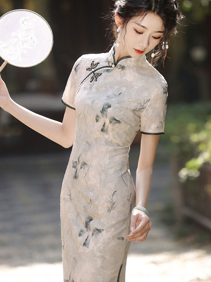 Jacquard Floral Beads Cheongsam Qipao Dress