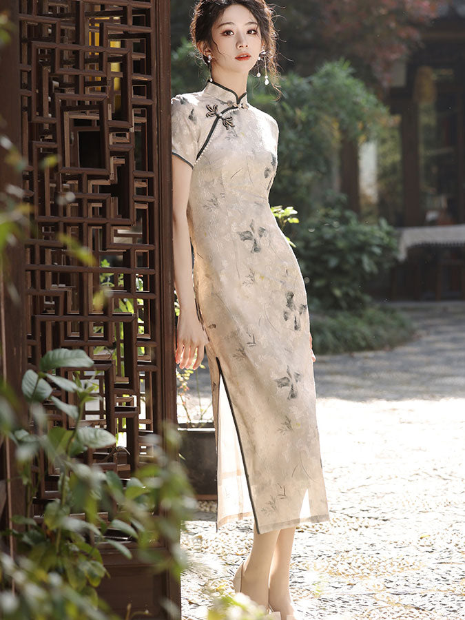 Jacquard Floral Beads Cheongsam Qipao Dress