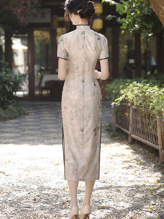 Jacquard Floral Beads Cheongsam Qipao Dress