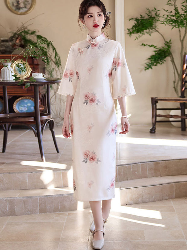 White Floral Bell Sleeve Cheongsam Qipao Dress