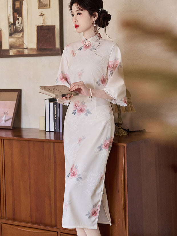 White Floral Bell Sleeve Cheongsam Qipao Dress