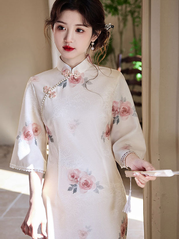 White Floral Bell Sleeve Cheongsam Qipao Dress