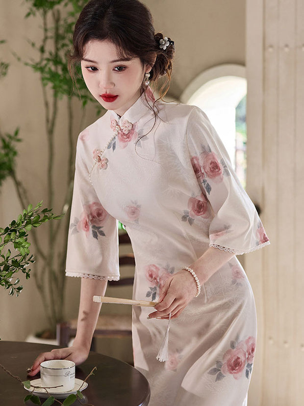 White Floral Bell Sleeve Cheongsam Qipao Dress