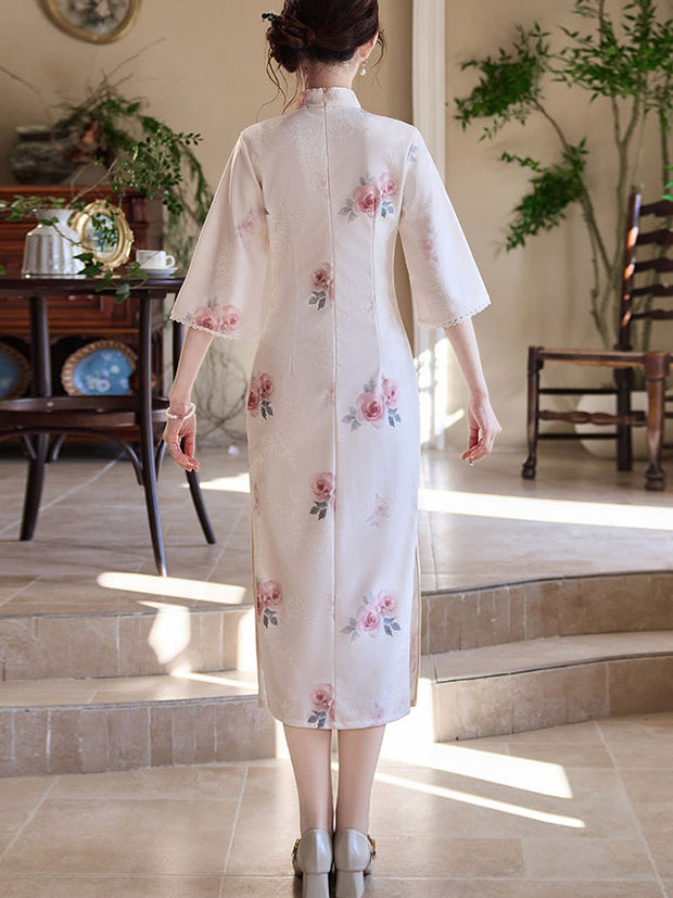 White Floral Bell Sleeve Cheongsam Qipao Dress