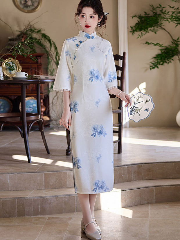 White Floral Bell Sleeve Cheongsam Qipao Dress