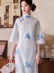 White Floral Bell Sleeve Cheongsam Qipao Dress