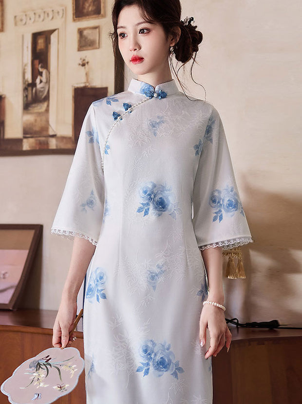 White Floral Bell Sleeve Cheongsam Qipao Dress
