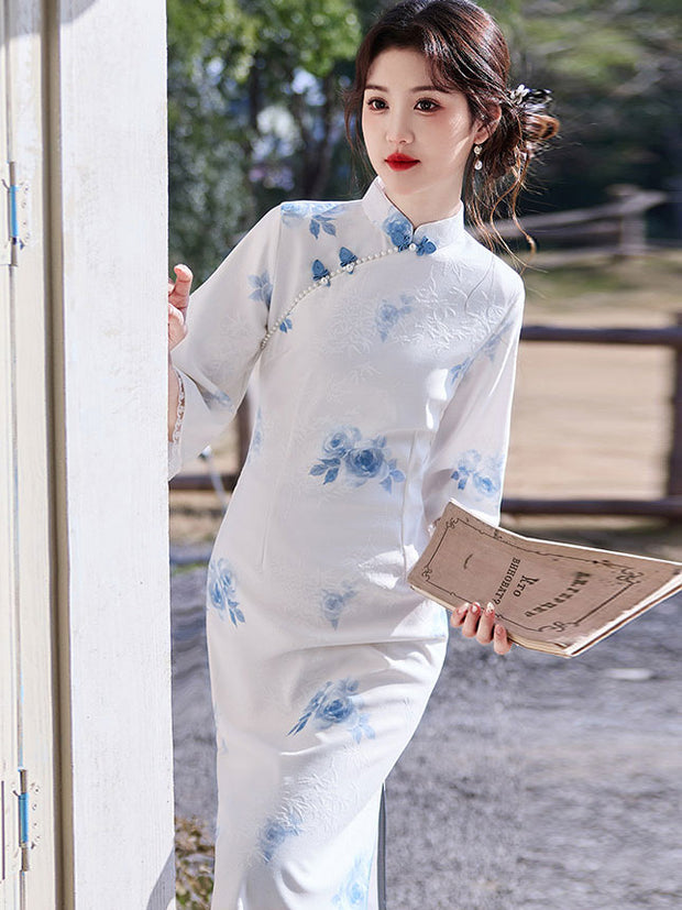 White Floral Bell Sleeve Cheongsam Qipao Dress